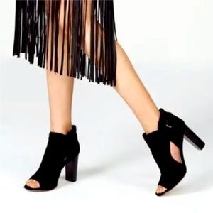 New Vince Camuto Conley Buckle Open Toe Bootie Size 7 Black Suede Stacked Heel